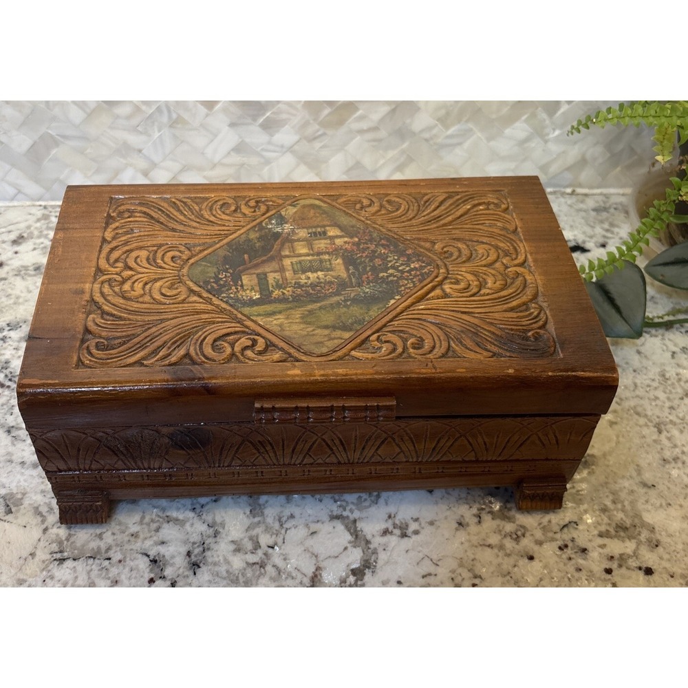Vintage carved top mini Chest Trinket Box Cottage Flowers Letters Trinkets